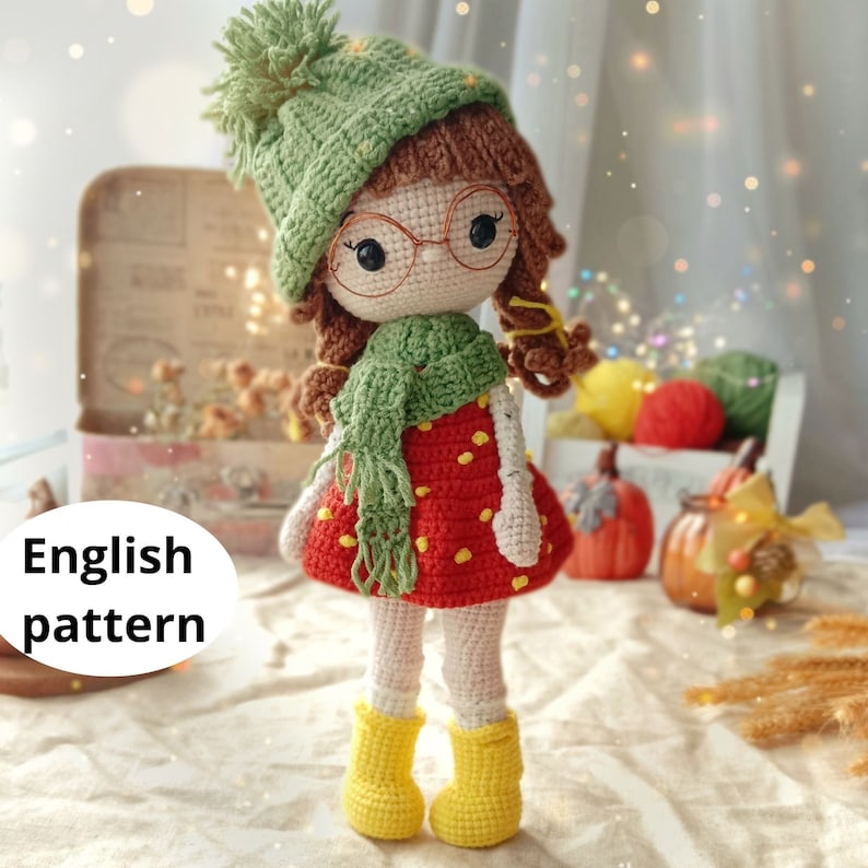 Сrochet amigurumi pattern Autumn Doll PDF English Doll diy Doll gift Amigurumi Doll Crochet Doll Doll in Dress hat scarf glasses