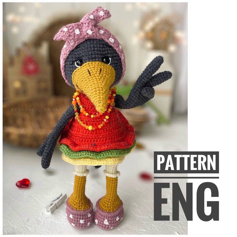 Amigurumi crochet pattern crow in dress PDF English pattern cute bird crow in red dress