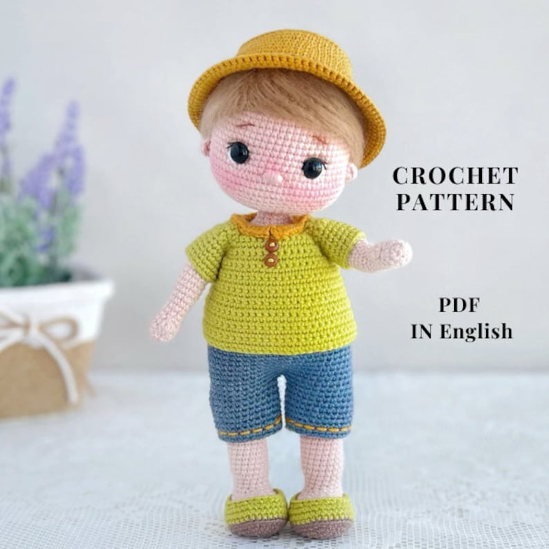 Crochet doll boy PATTERN PDF in English crochet pattern amigurumi doll amigurumi toy pattern boy doll doll is a boy in a hat