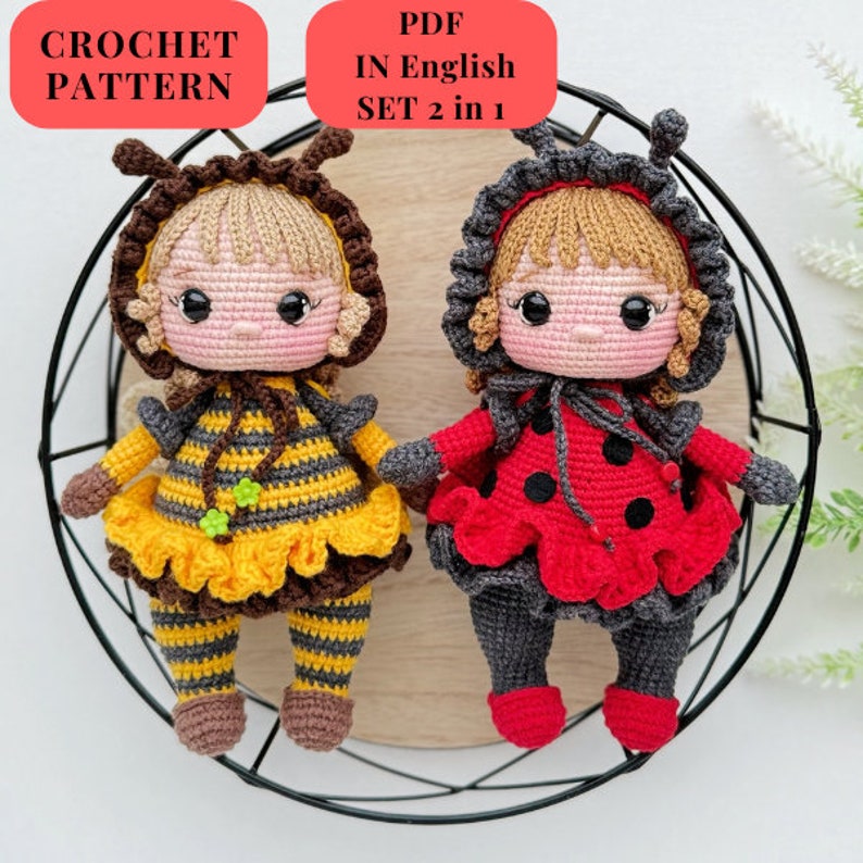 Set 2 in 1 crochet pattern doll Ladybug and Bee girl PATTERN PDF in English crochet pattern amigurumi doll Bee girl