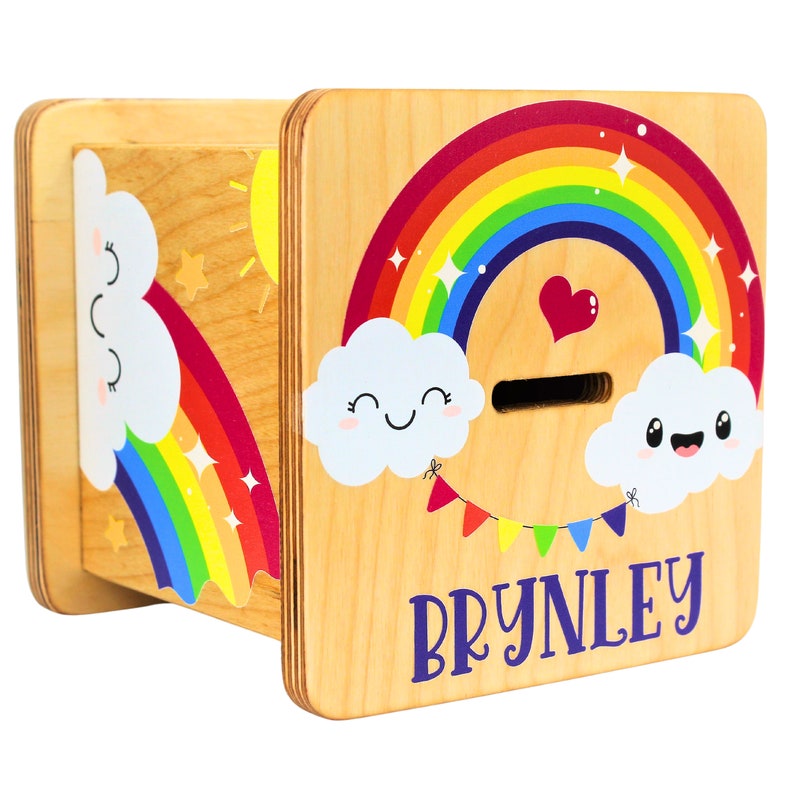 Wooden Piggy Bank for Kids, Rainbow Themed Nursery Shelf Décor Money Coin Bank, Personalized Piggy Bank Gift for Boys & Girls