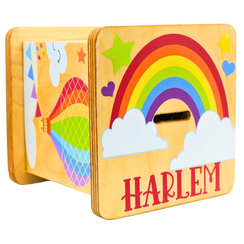 Personalized Rainbow Baby Coin Box Gift, Cute Wood Piggy Bank With Custom Name, Unique Kids Coin Bank Gift For Boy Or Girl