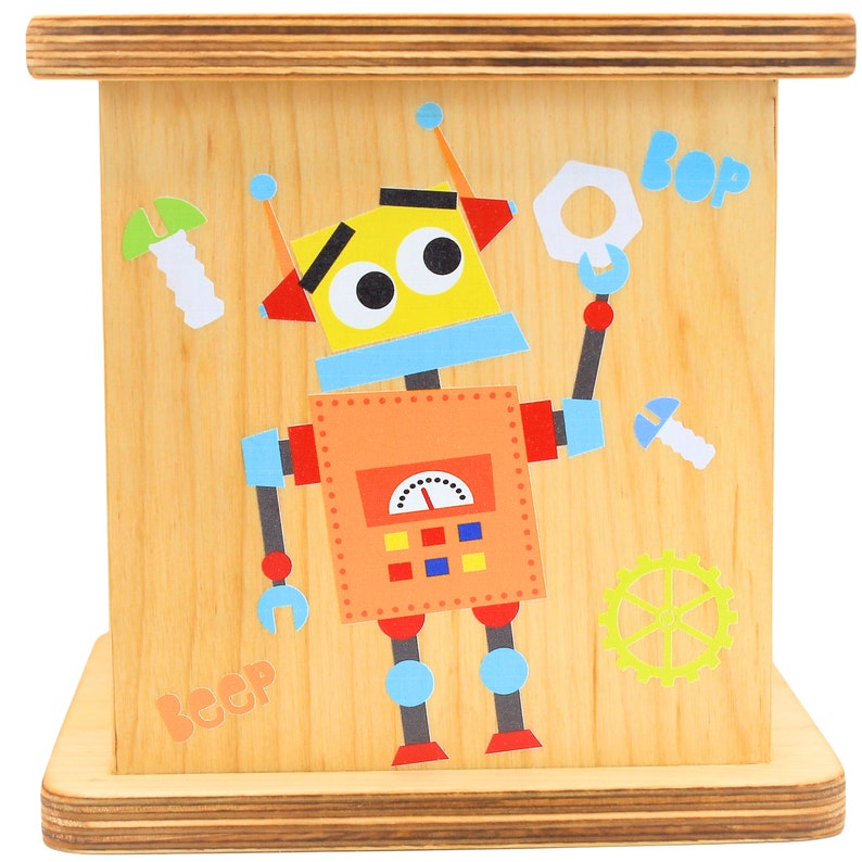 Wooden Piggy Ban | Personalized Piggy Bank for Boys & Girls | Mechanical Bank Robot Themed Customizable Name Coin Piggy Bank